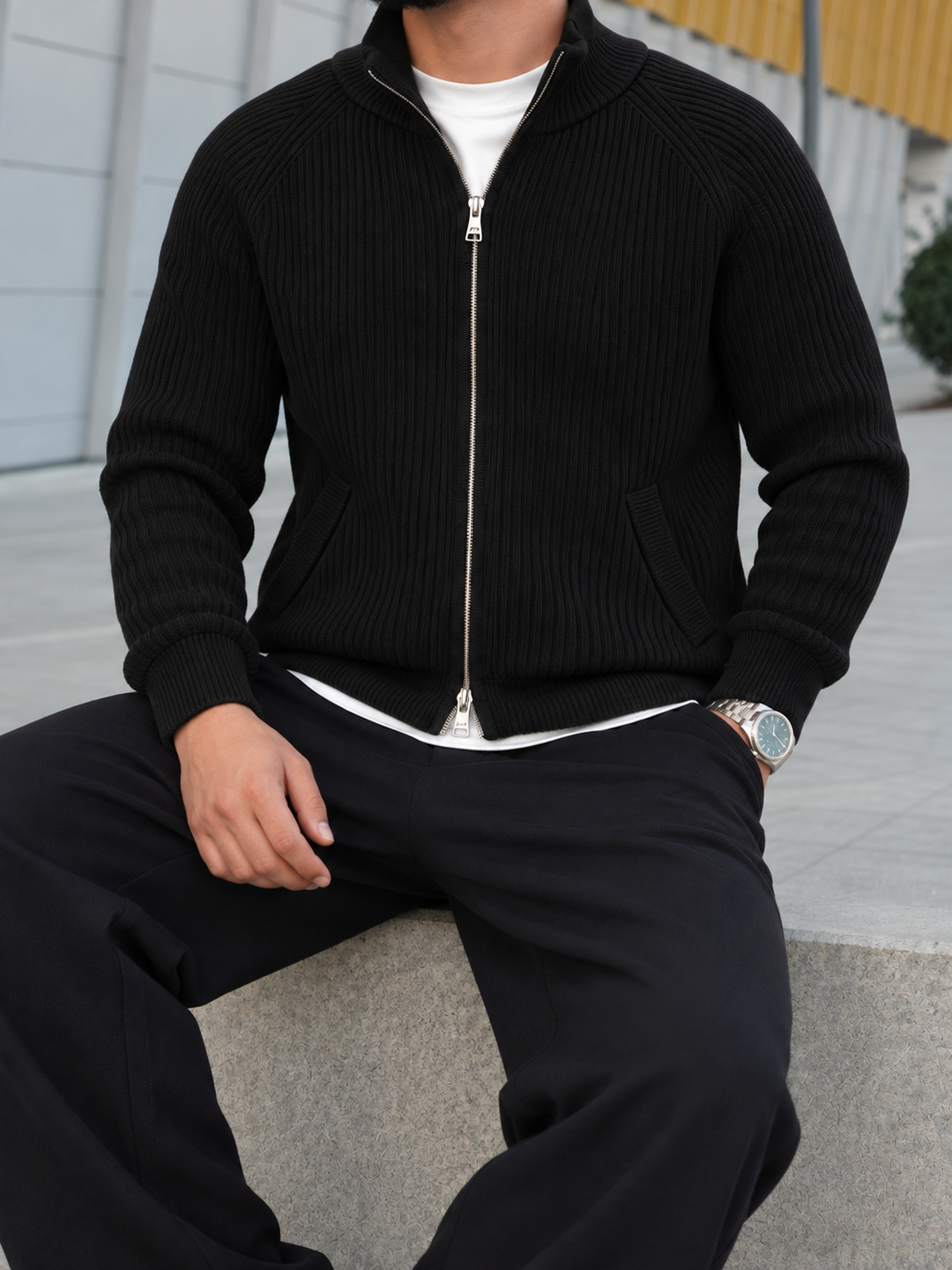 Cardigan Homme Maille Zip Intégral Col Montant Et Bords Côtelés