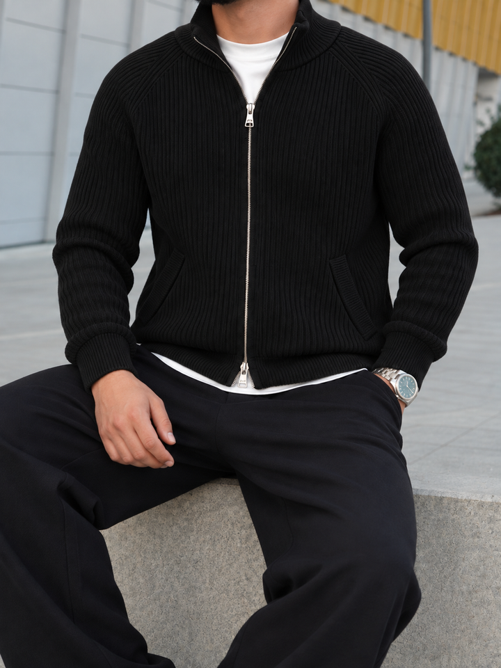 Cardigan Homme Maille Zip Intégral Col Montant Et Bords Côtelés