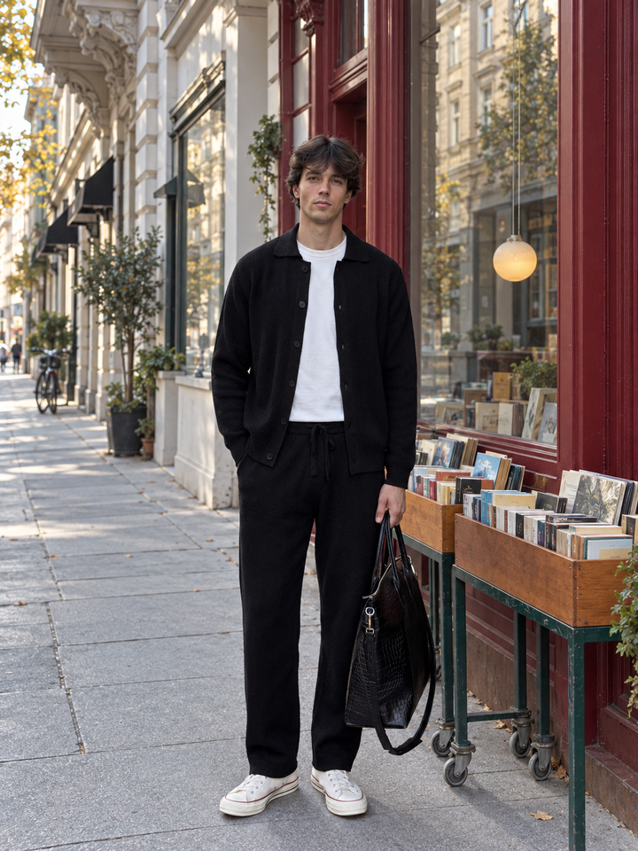 Ensemble Maille Homme Veste Boutonnée Col Côtelé Et Pantalon Droit