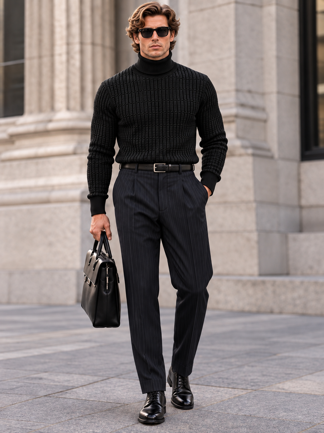 Pull Col Roulé Homme Côtes Verticales En Maille