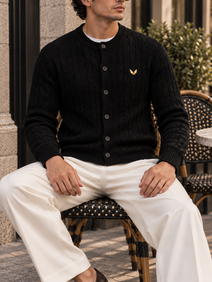 Cardigan da uomo abbottonato in maglia intrecciata