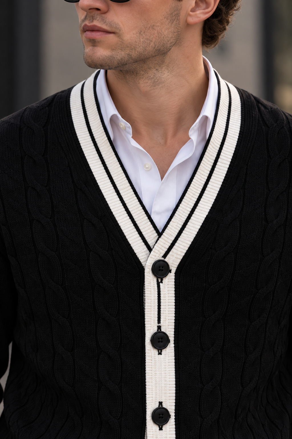 Men's V-Neck Button-Front Cardigan with Contrast Trim and Ribbed Hem