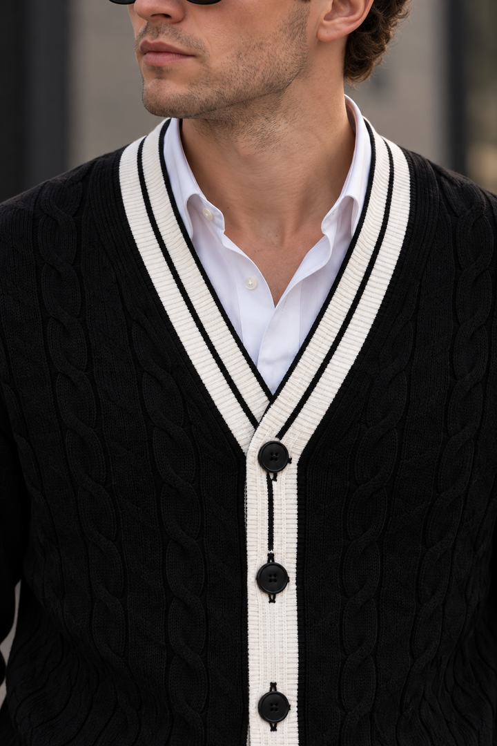 Men's V-Neck Button-Front Cardigan with Contrast Trim and Ribbed Hem