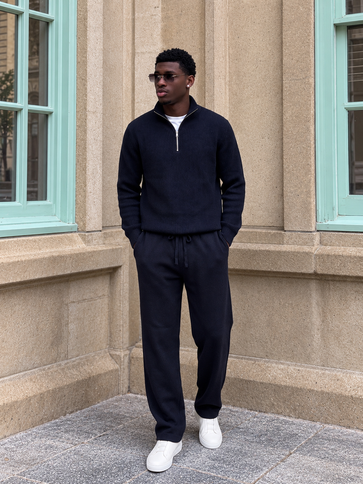 Ensemble En Maille Homme Demi Zip Col Montant Et Pantalon