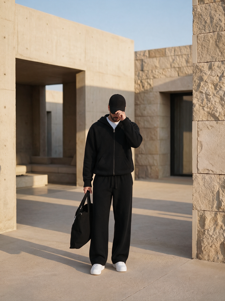 Ensemble Maille Homme Capuche Tricotée Zip Intégral Et Pantalon Droit