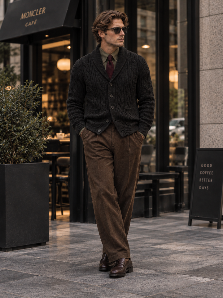 Men's cable-knit shawl-collar cardigan