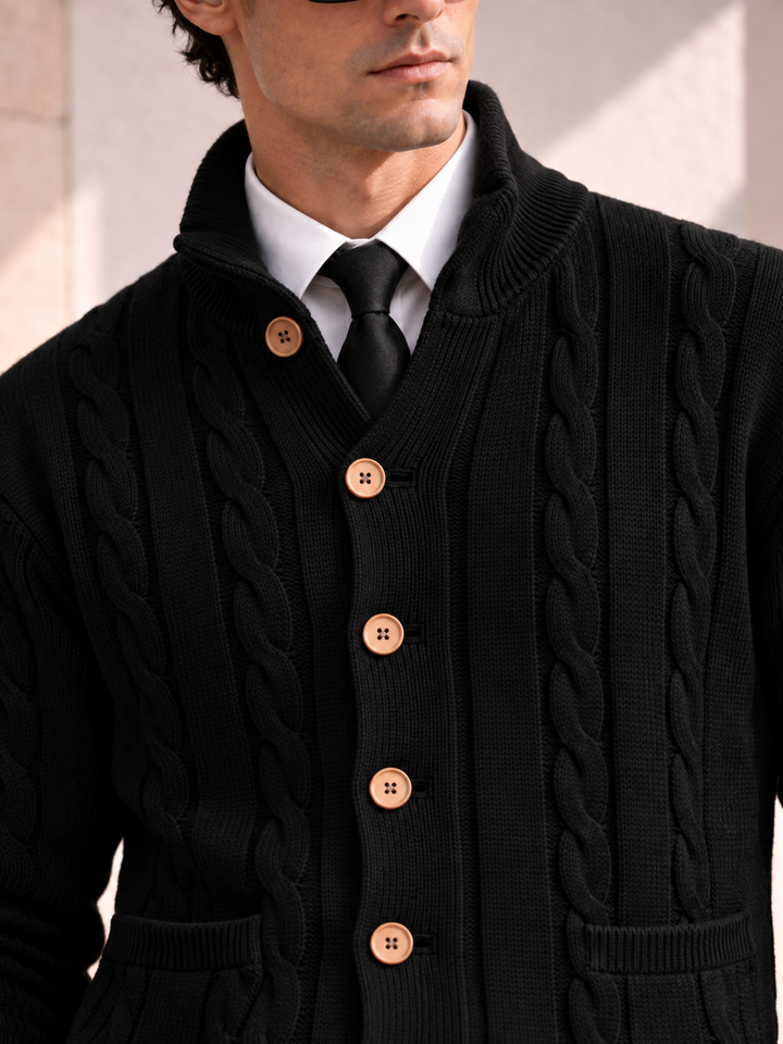 Cardigan Homme Maille Torsadée Boutonné Avec Petit Col Montant