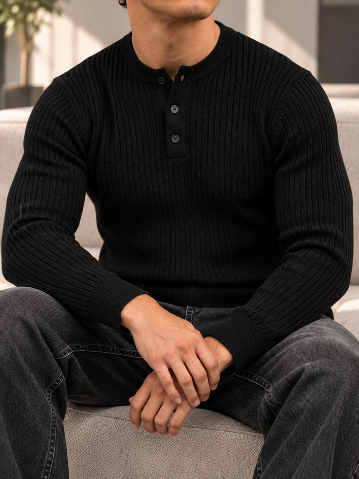 Maglione da uomo in maglia a coste con colletto abbottonato e maniche lunghe