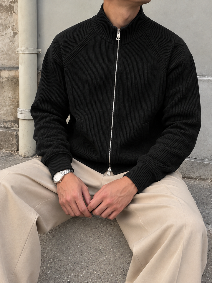 Cardigan Homme Maille Zip Intégral Col Montant Et Bords Côtelés