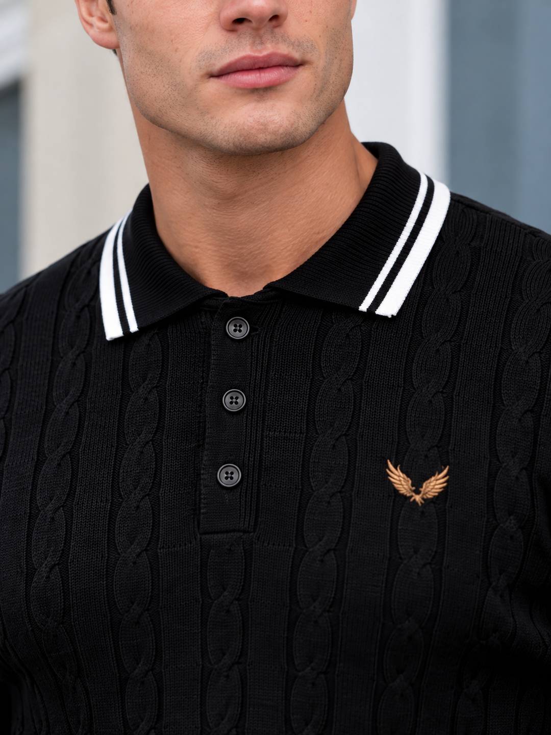 Pull Homme Col Polo Maille Torsadée Avec Liseré Contrastant