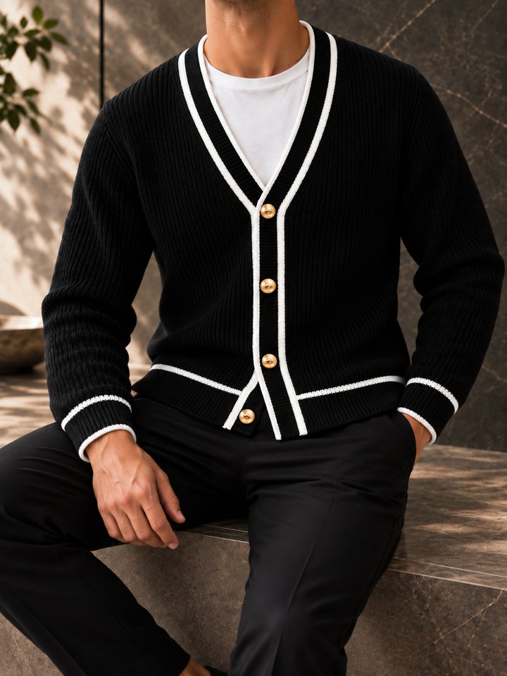 Cardigan Homme Col V Côtelé Avec Bordure Contrastante Et Boutons Dorés