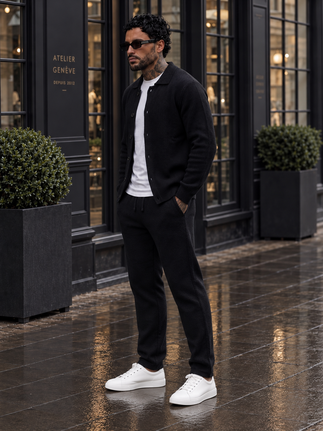 Ensemble Maille Homme Veste Boutonnée Col Côtelé Et Pantalon Droit
