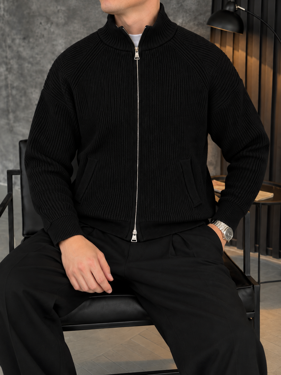 Cardigan Homme Maille Zip Intégral Col Montant Et Bords Côtelés
