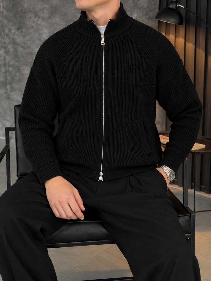 Cardigan Homme Maille Zip Intégral Col Montant Et Bords Côtelés
