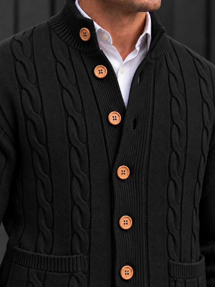 Cardigan Homme Maille Torsadée Boutonné Avec Petit Col Montant