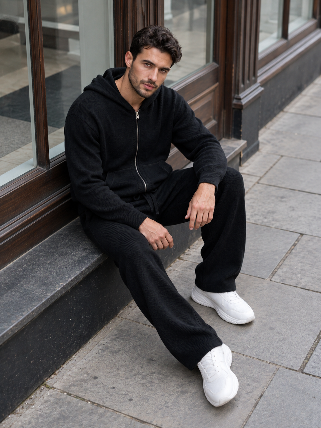 Ensemble Maille Homme Capuche Tricotée Zip Intégral Et Pantalon Droit