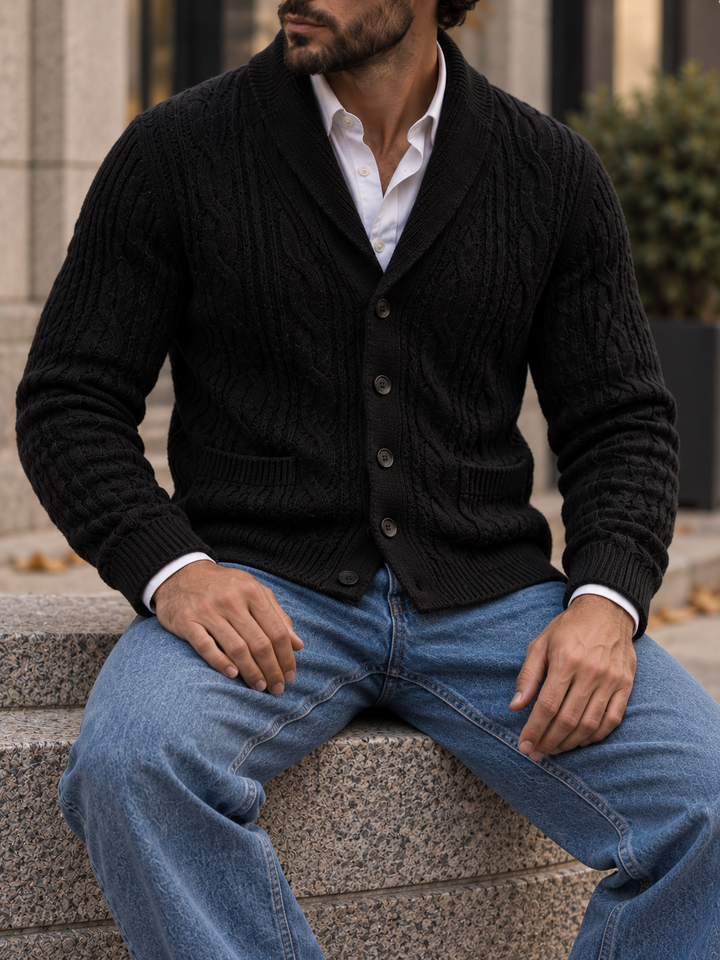 Men's cable-knit shawl-collar cardigan