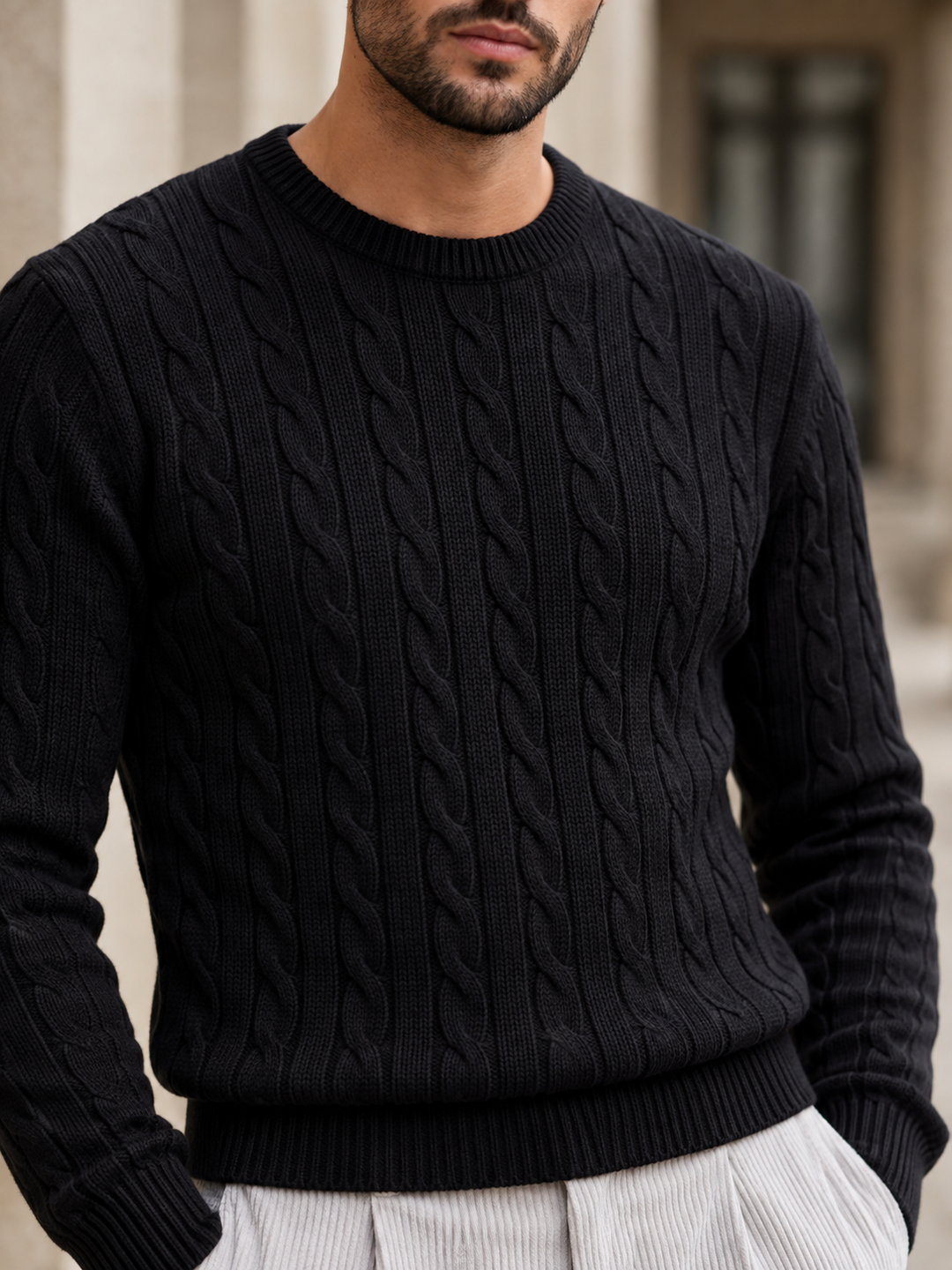 Maglione da uomo in maglia a trecce con girocollo e bordi a coste