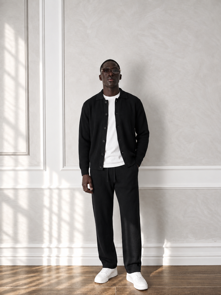 Ensemble Maille Homme Veste Boutonnée Col Côtelé Et Pantalon Droit