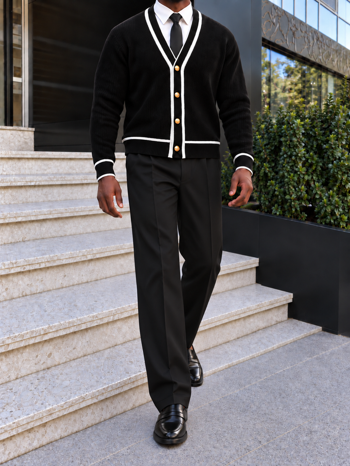 Cardigan Homme Col V Côtelé Avec Bordure Contrastante Et Boutons Dorés