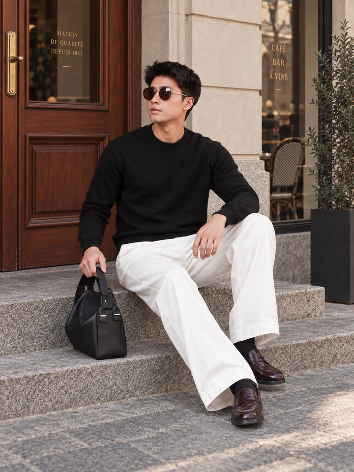 Pullover da uomo in maglia tinta unita con scollo rotondo e bordi a coste