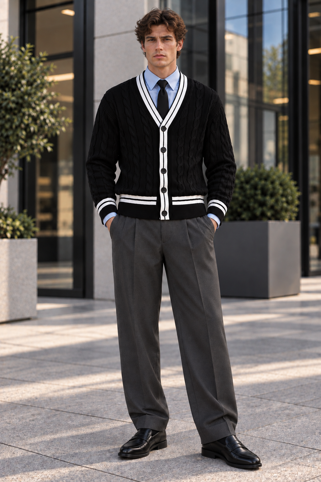 Men's V-Neck Button-Front Cardigan with Contrast Trim and Ribbed Hem