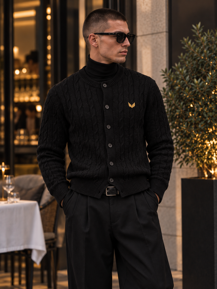 Cardigan da uomo abbottonato in maglia intrecciata