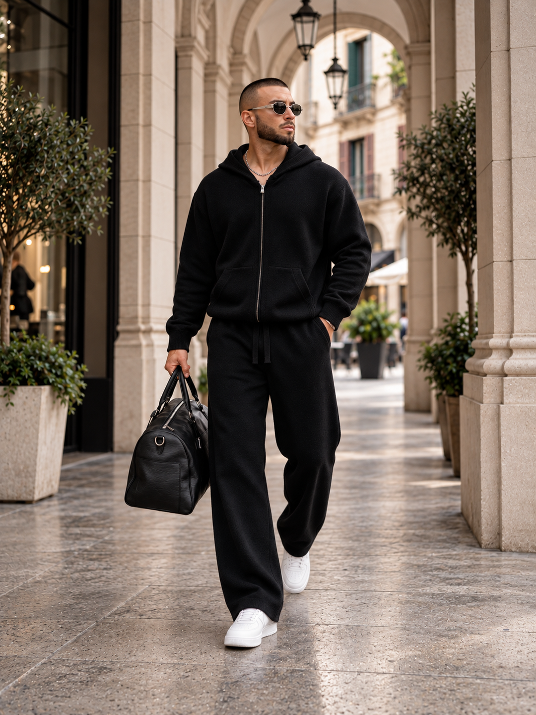 Ensemble Maille Homme Capuche Tricotée Zip Intégral Et Pantalon Droit