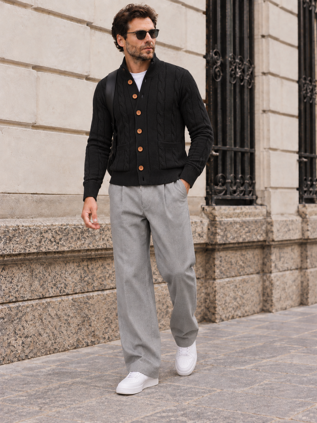 Cardigan Homme Maille Torsadée Boutonné Avec Petit Col Montant