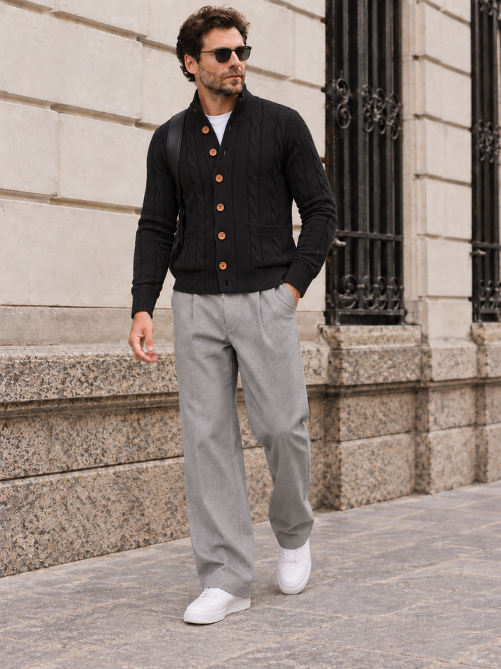 Cardigan Homme Maille Torsadée Boutonné Avec Petit Col Montant