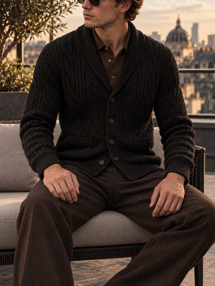 Men's cable-knit shawl-collar cardigan