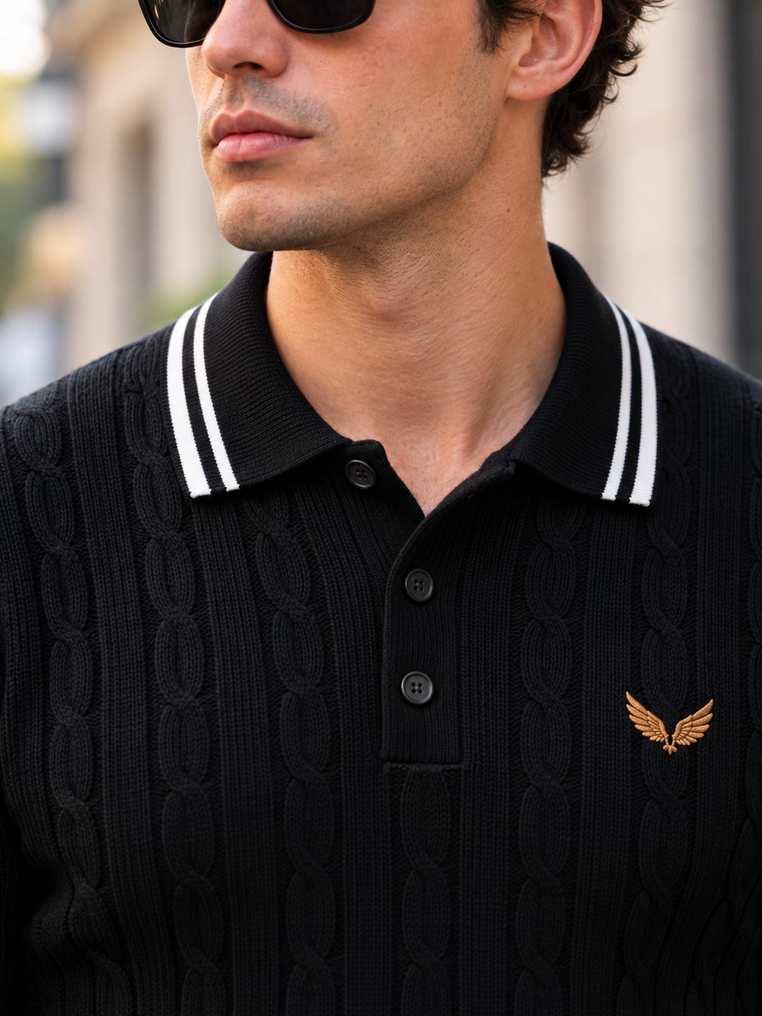 Pull Homme Col Polo Maille Torsadée Avec Liseré Contrastant