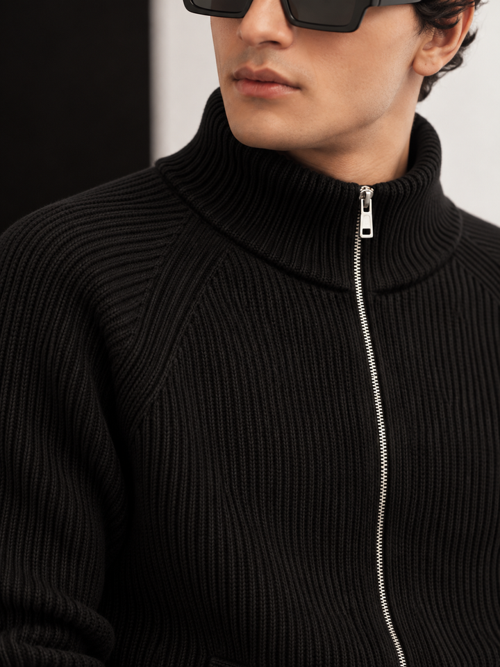 Cardigan Homme Maille Zip Intégral Col Montant Et Bords Côtelés