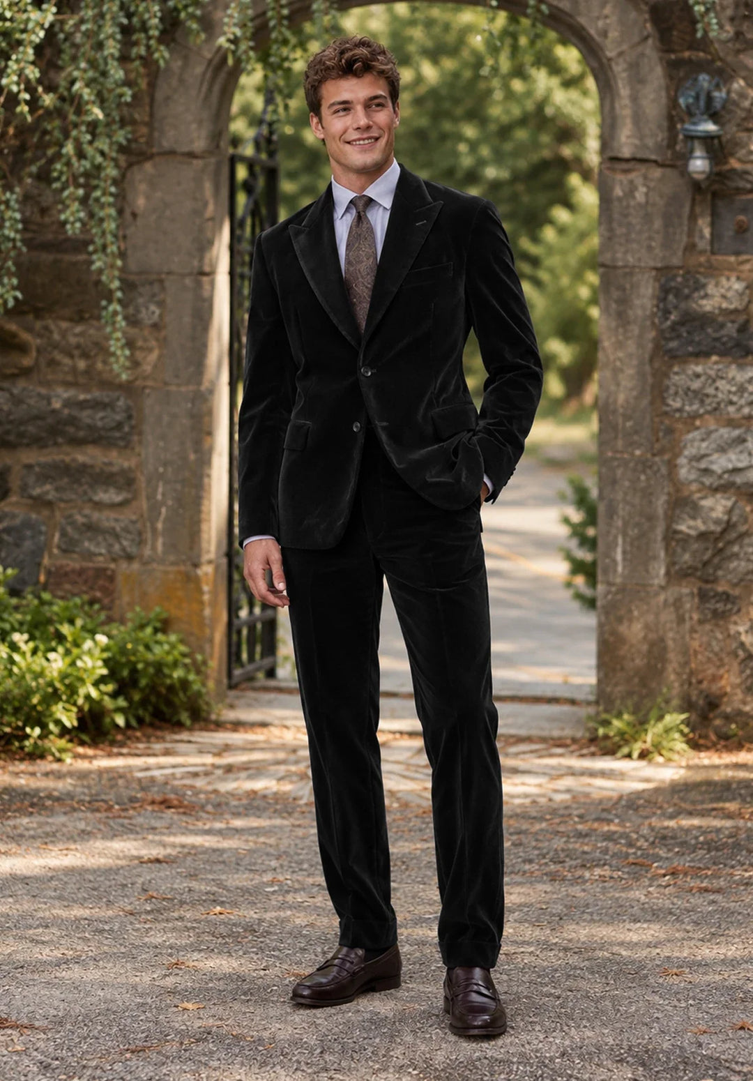 Costume Deux Pièces Homme Coupe Classique en Velours avec Col Peak et Deux Boutons