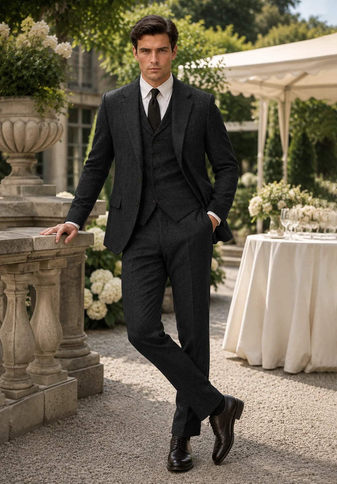 Costume Trois Pièces Homme Coupe Slim en Chevrons avec Col Notch et Gilet Assorti