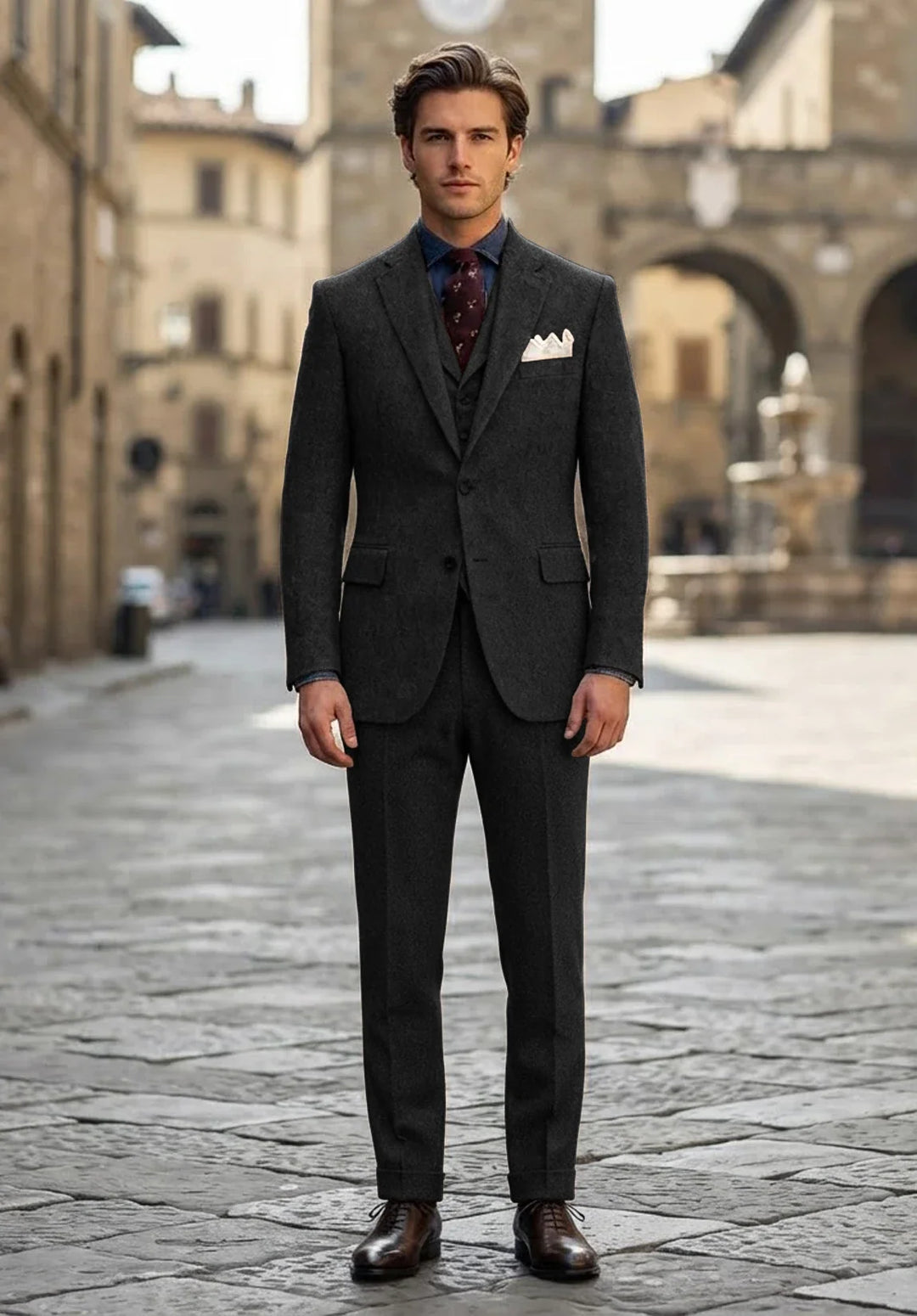 Costume Trois Pièces Homme Coupe Slim en Chevrons avec Col Notch et Poche Poitrine