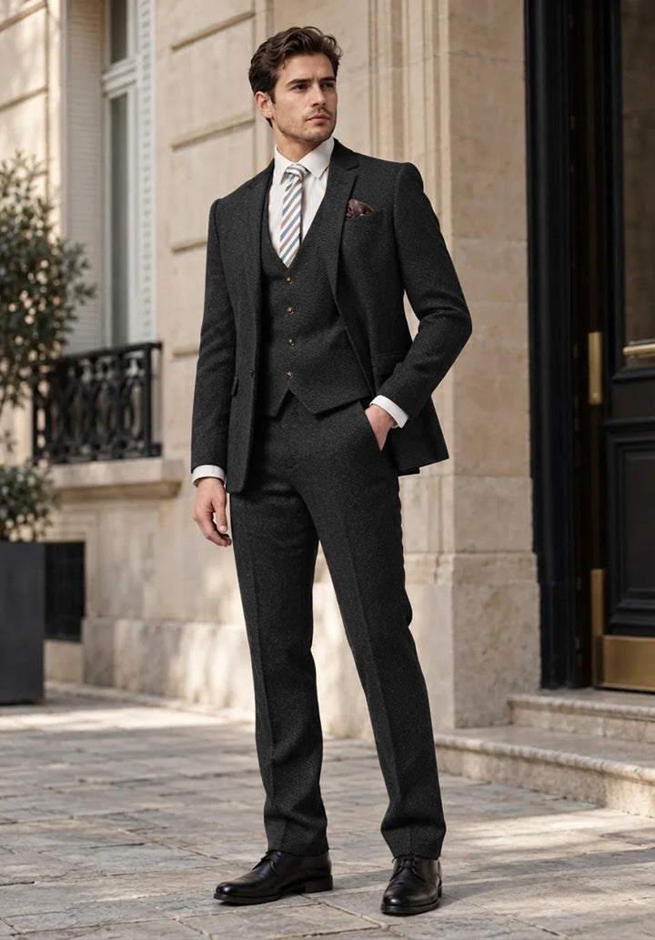 Costume Trois Pièces Homme Coupe Regular en Chevrons avec Gilet Boutonné