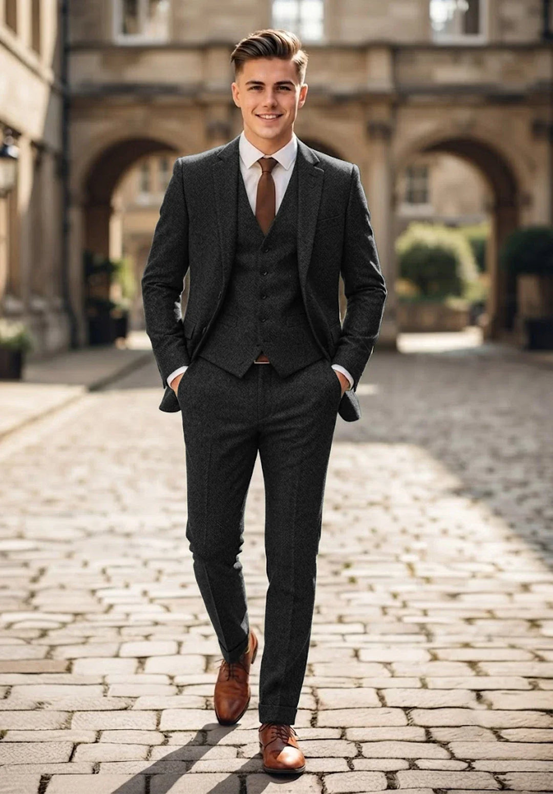 Costume Trois Pièces Homme Coupe Classique en Chevrons avec Col Notch et Gilet Cinq Boutons