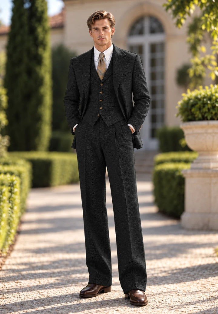 Costume Trois Pièces Homme Coupe Moderne en Chevrons avec Gilet Assorti