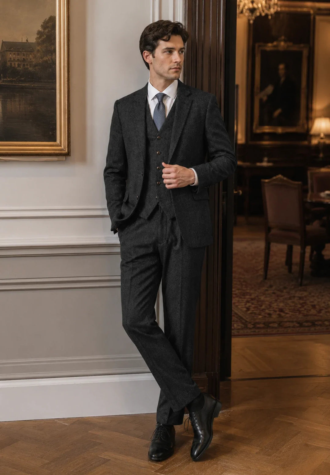 Costume Trois Pièces Homme Coupe Regular en Chevrons avec Col Notch Classique et Gilet Assorti