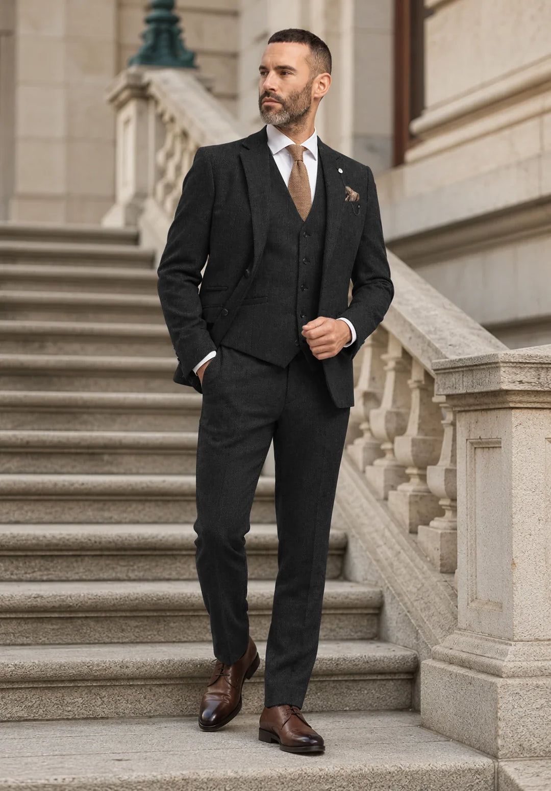 Costume Trois Pièces Homme Coupe Slim en Chevrons avec Gilet et Pantalon Assortis
