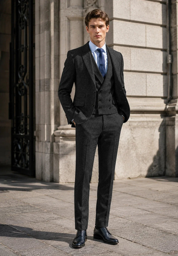 Abito da uomo a tre pezzi slim fit con motivo a spina di pesce, rever a lancia e gilet doppiopetto