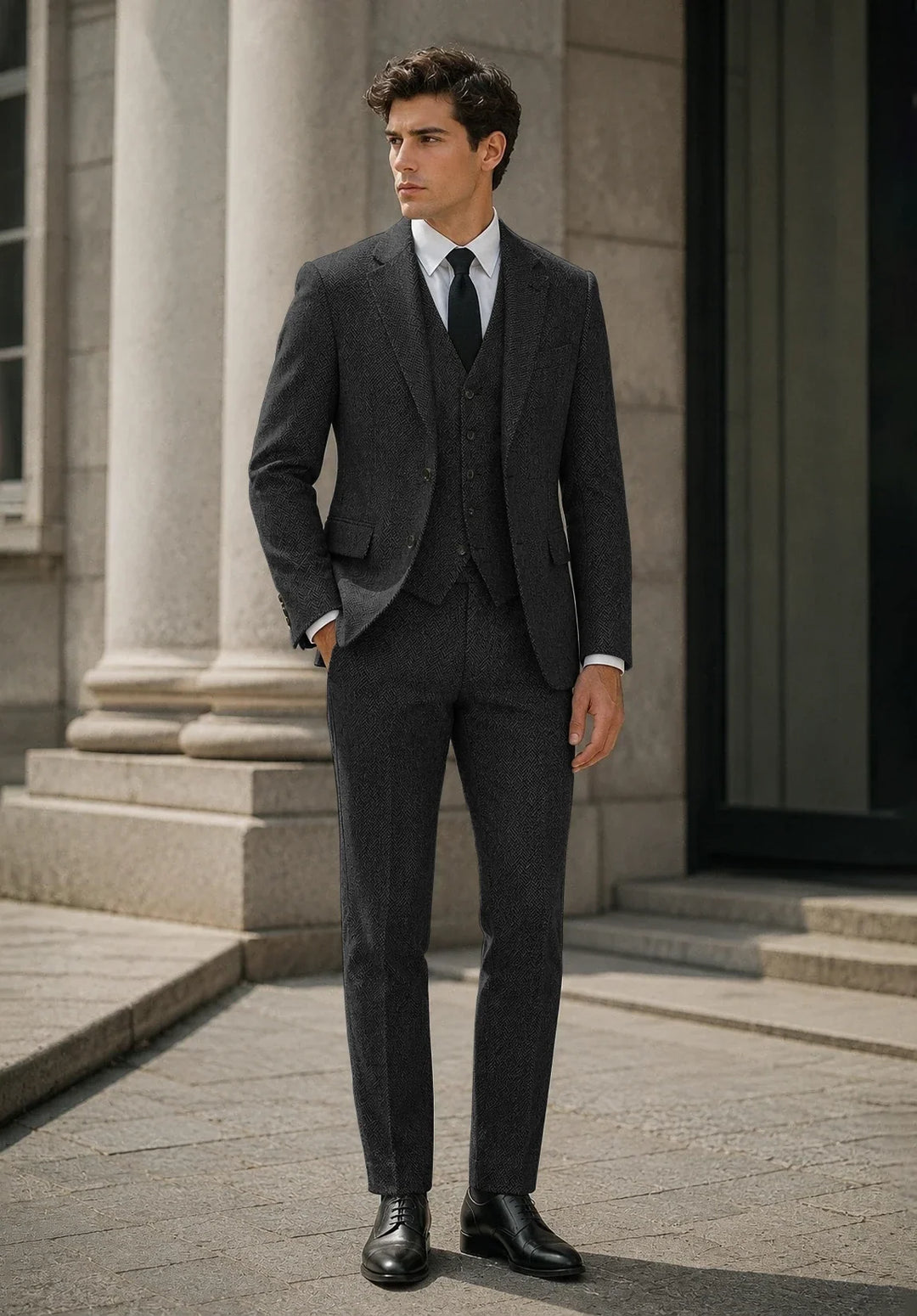 Costume Trois Pièces Homme Coupe Slim en Chevrons avec Col Notch et Gilet Cinq Boutons