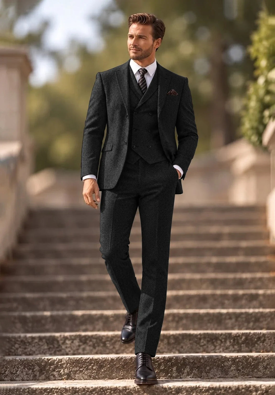 Herenkostuum in drie delen met slim fit in visgraatmotief, met double-breasted vest