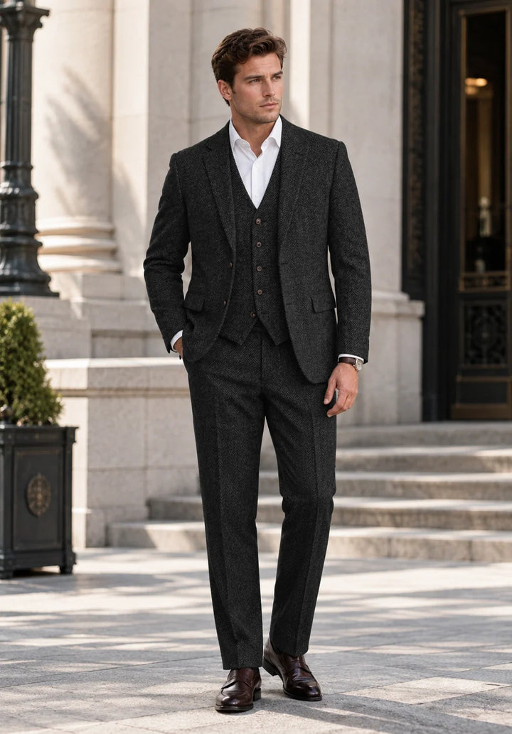 Completo uomo tre pezzi slim fit a spina di pesce con gilet abbottonato