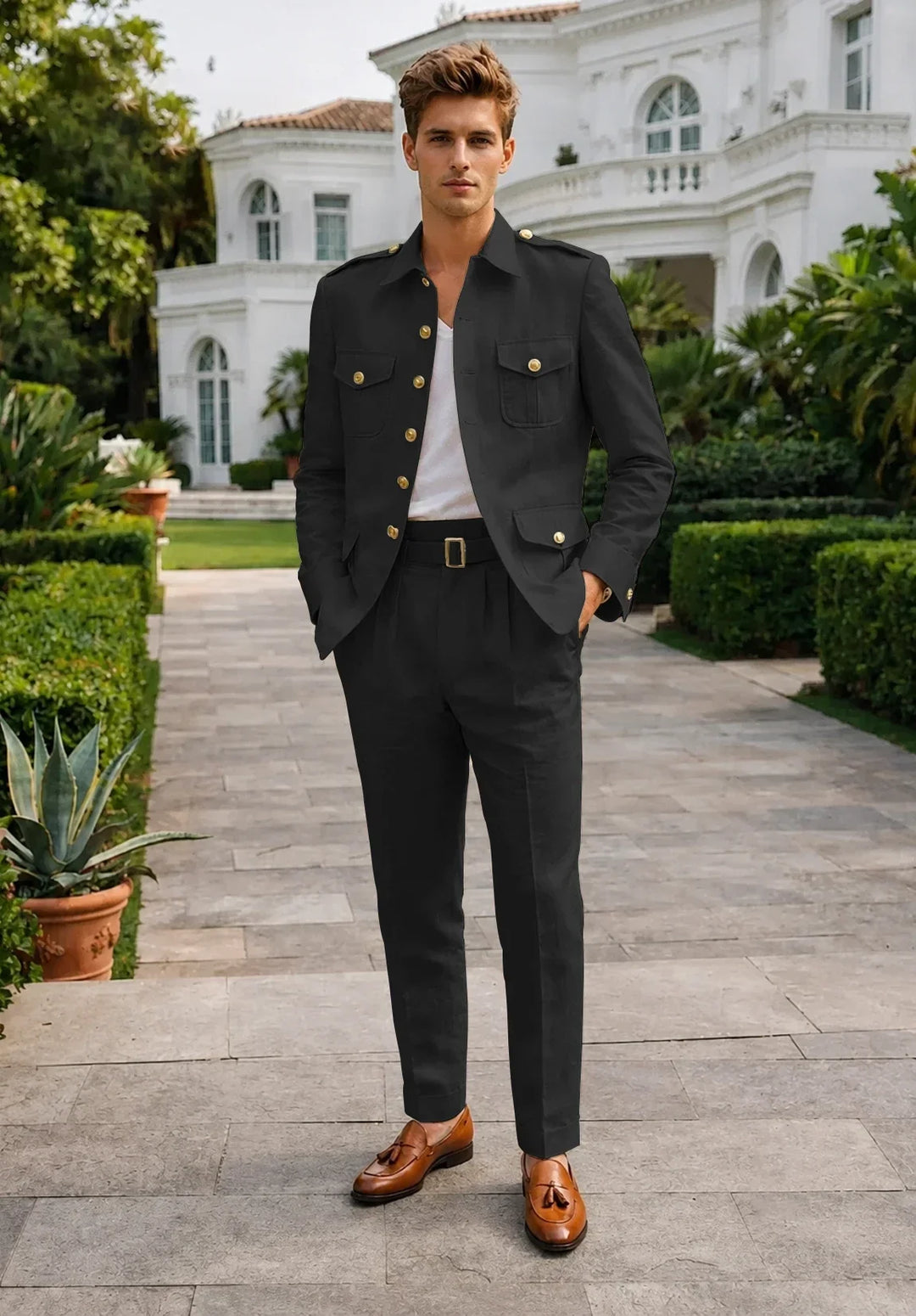 Costume Deux Pièces Homme Coupe Moderne en Mélange de Lin avec Veste Saharienne et Pantalon Plissé