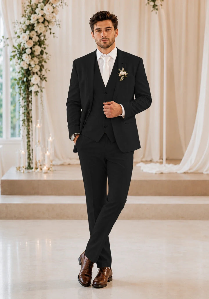 Men's Slim-Fit Three-Piece Suit in a Linen Blend with Notch Lapel and Five-Button Vest