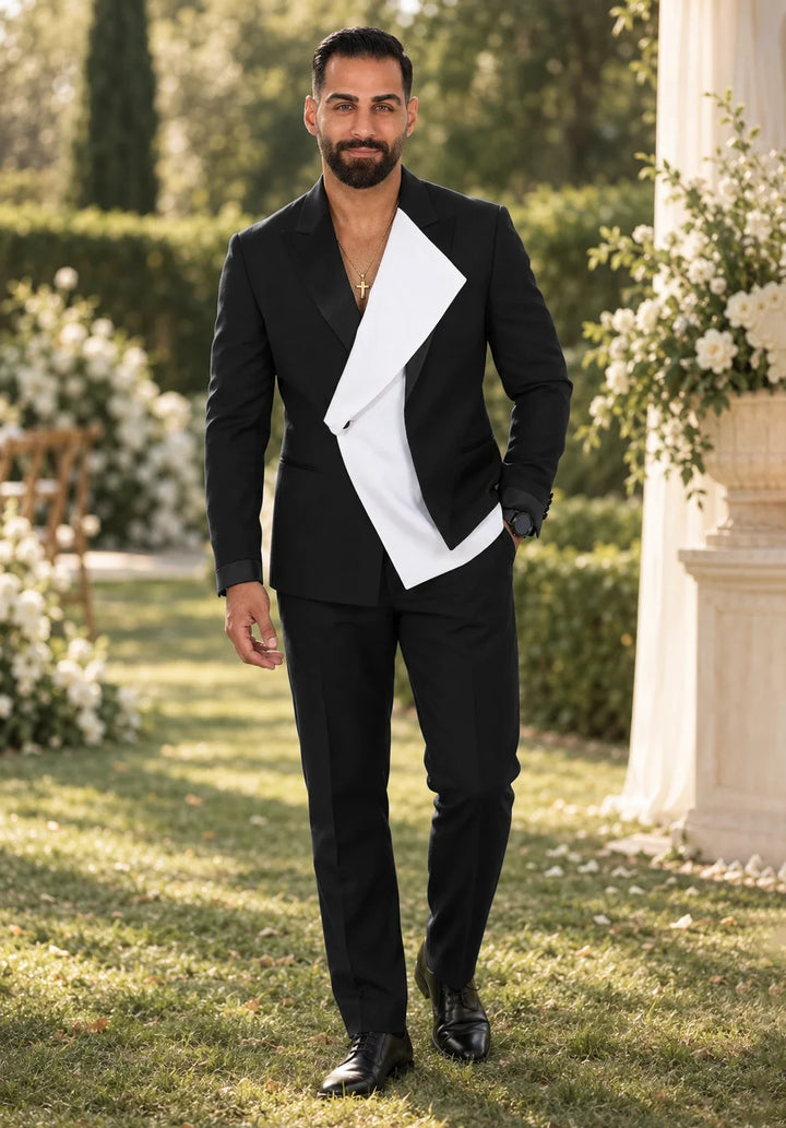 Costume Deux Pièces Homme Coupe Regular avec Panneau Blanc Asymétrique et Col Châle