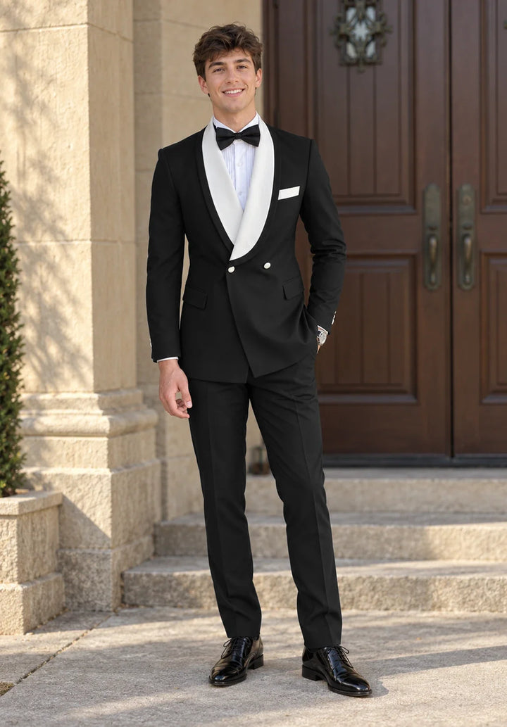 Completo da uomo a due pezzi dal taglio slim con rever a scialle a contrasto e due bottoni