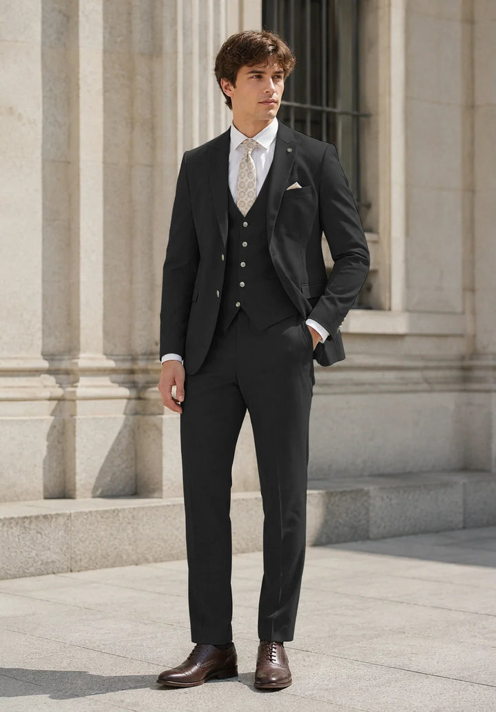 Costume Trois Pièces Homme Coupe Slim avec Col Notch et Gilet Six Boutons